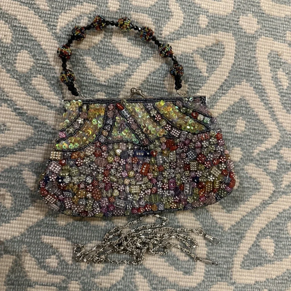 Vintage Colorful Beaded Handbag Black Fabric Satin Lining Multicolored Beads‎